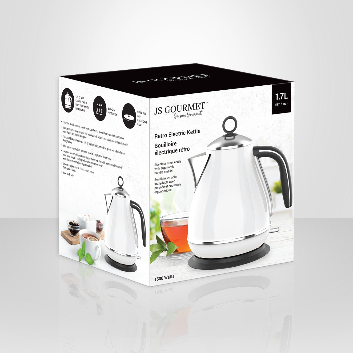JS Gourmet - Bouilloire Électrique Rétro en Acier Inoxydable, Capacité de 1.7 Litre, Blanc - Simple Boutique