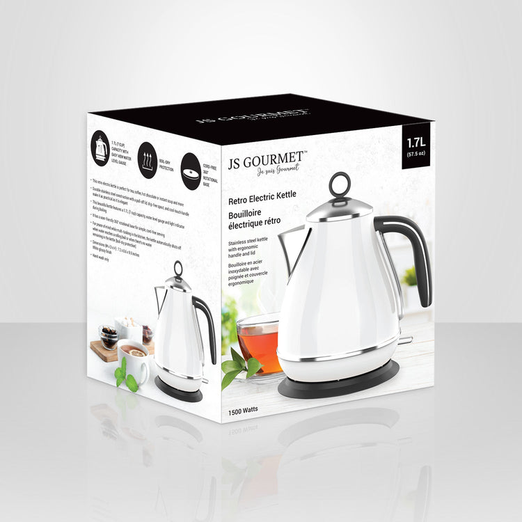 JS Gourmet - Bouilloire Électrique Rétro en Acier Inoxydable, Capacité de 1.7 Litre, Blanc - Simple Boutique