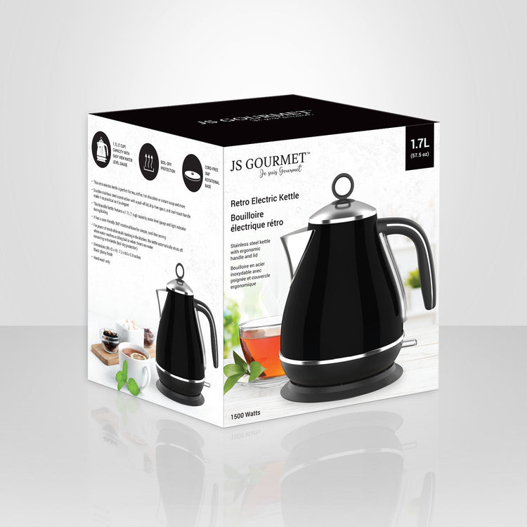 JS Gourmet - Bouilloire Électrique Rétro en Acier Inoxydable, Capacité de 1.7 Litre, Noir - Simple Boutique