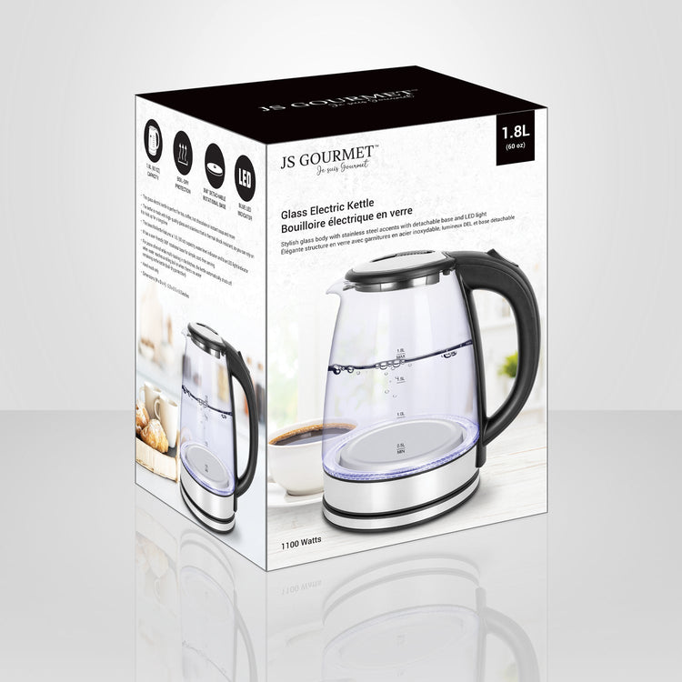 JS Gourmet - Bouilloire Électrique en Verre avec Lumière LED, Capacité de 1.8 Litre, 1100 Watts - Simple Boutique