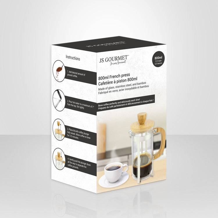 JS Gourmet - Cafetière à Piston en Verre avec Couvercle et Poignée en Bambou, Capacité de 800ml - Simple Boutique