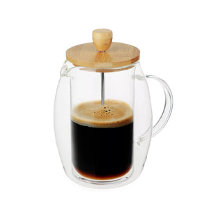 JS Gourmet - Cafetière à Presse Francaise en Verre à Double Paroi, Couvercle en Bambou, Capacité de 600ml - Simple Boutique