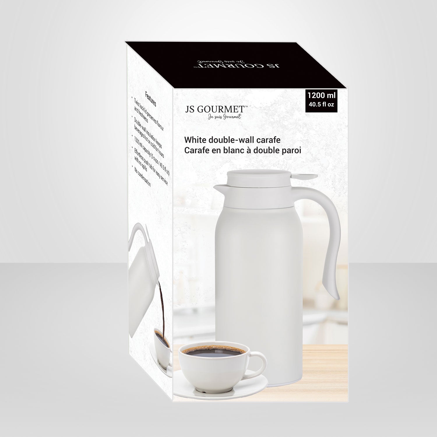 JS Gourmet - Carafe Isolé à Double Paroi, Capacité de 1200ml, Blanc - Simple Boutique