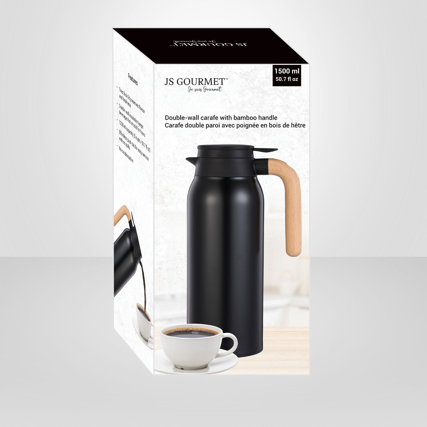 JS Gourmet - Carafe Isolée à Double Paroi, Capacité de 1500ml, Noir - Simple Boutique