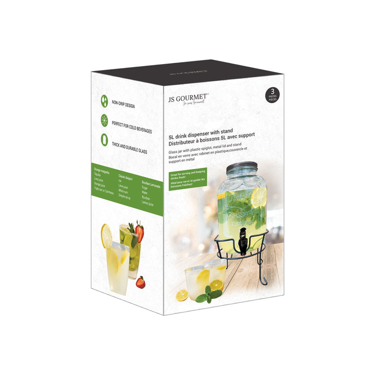JS Gourmet - Distributeur de Boisson en Verre avec Support, Capacité de 5 Litres - Simple Boutique