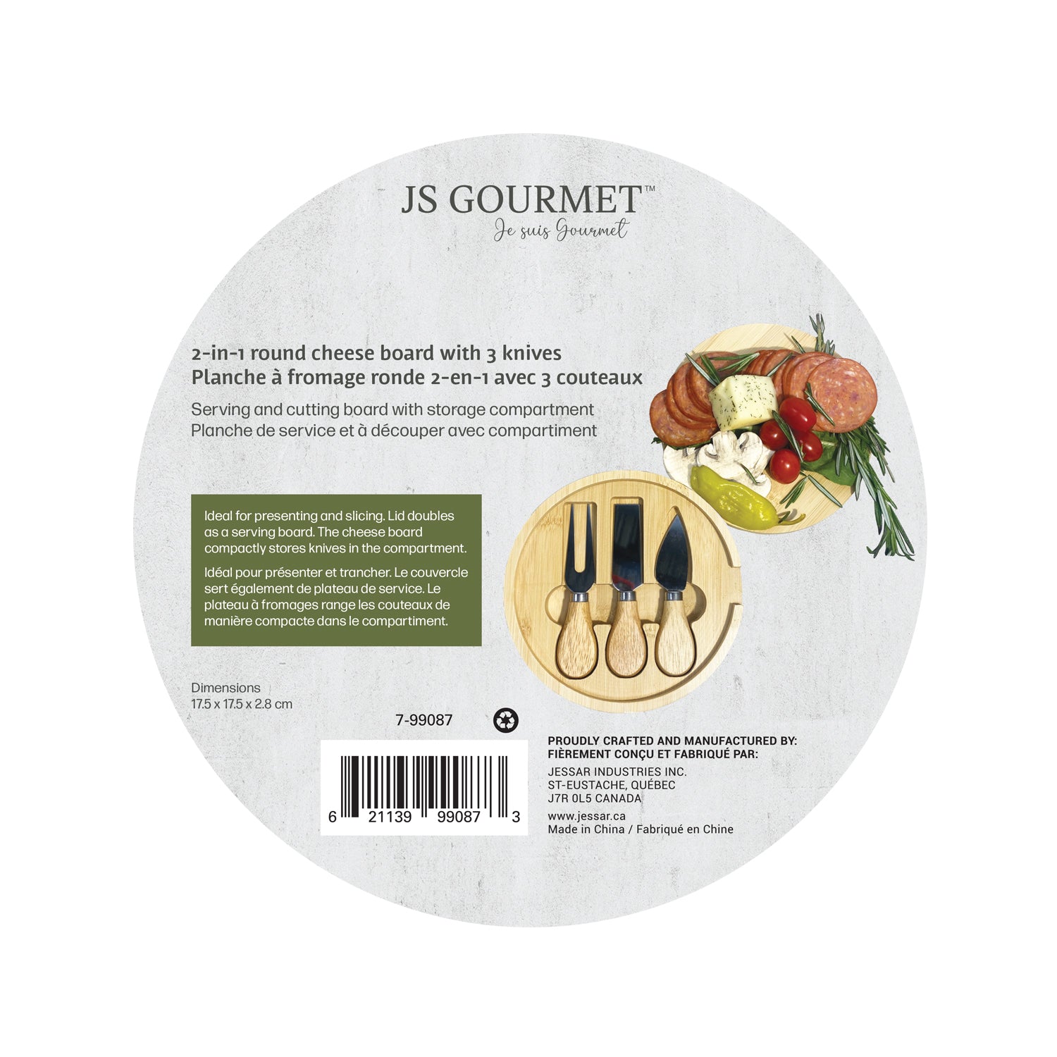 JS Gourmet - Ensemble 2 en 1 Planche à Fromage Ronde et 3 Couteaux - Simple Boutique