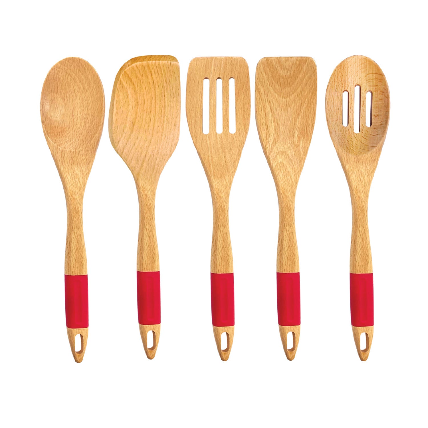 JS Gourmet - Ensemble 5 Morceaux d'Ustensiles de Cuisine en Bois de Hêtre et Silicone, Rouge - Simple Boutique