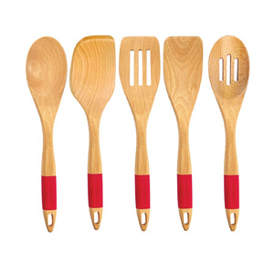 JS Gourmet - Ensemble 5 Morceaux d'Ustensiles de Cuisine en Bois de Hêtre et Silicone, Rouge - Simple Boutique