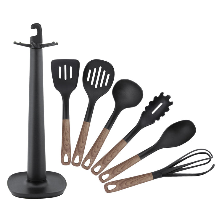 JS Gourmet - Ensemble d'Ustensiles de Cuisine avec Support de Rangement, Brun - Simple Boutique