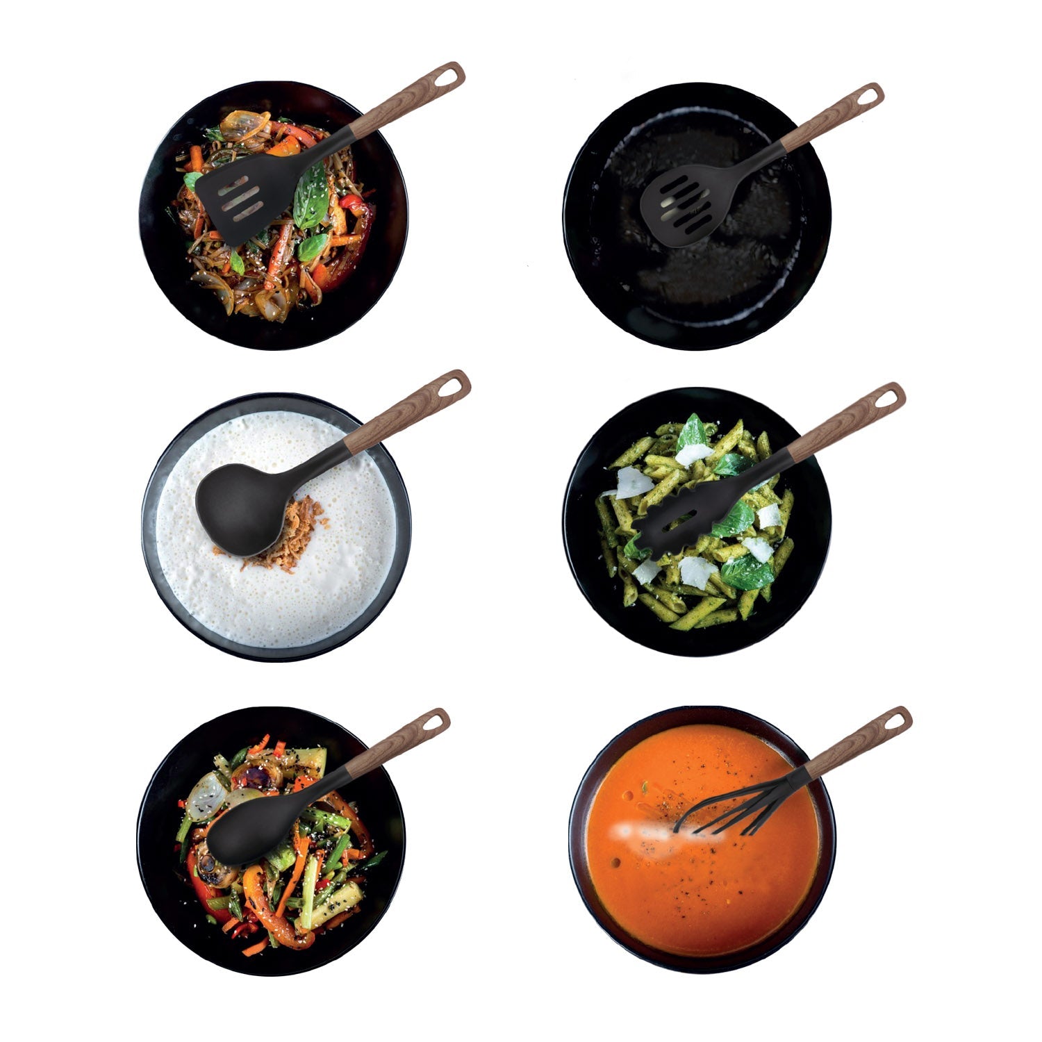 JS Gourmet - Ensemble d'Ustensiles de Cuisine avec Support de Rangement, Brun - Simple Boutique