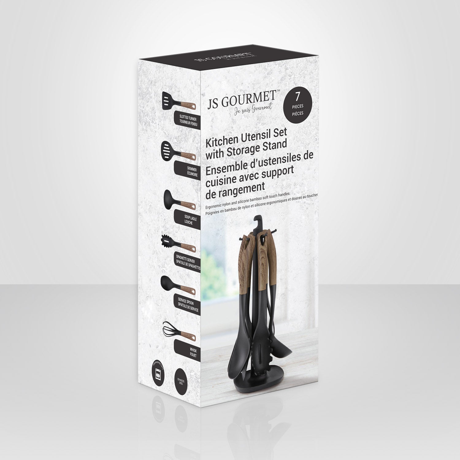 JS Gourmet - Ensemble d'Ustensiles de Cuisine avec Support de Rangement, Brun - Simple Boutique