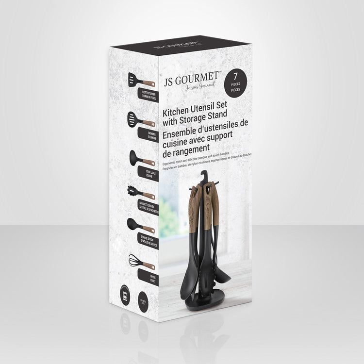 JS Gourmet - Ensemble d'Ustensiles de Cuisine avec Support de Rangement, Brun - Simple Boutique