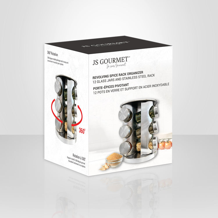 JS Gourmet - Ensemble de 12 Pots à Épices avec Support Rotatif en Acier Inoxydable - Simple Boutique