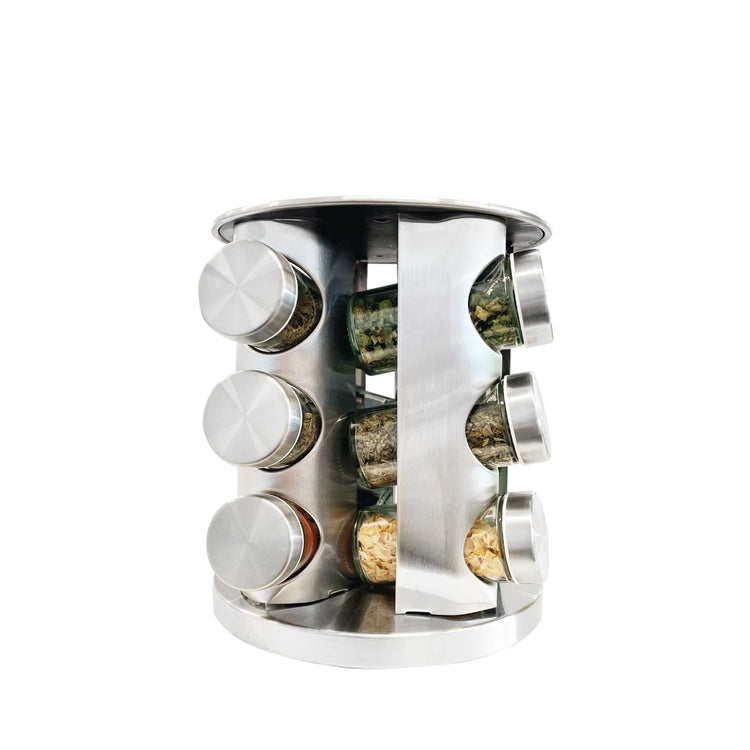 JS Gourmet - Ensemble de 12 Pots à Épices avec Support Rotatif en Acier Inoxydable - Simple Boutique