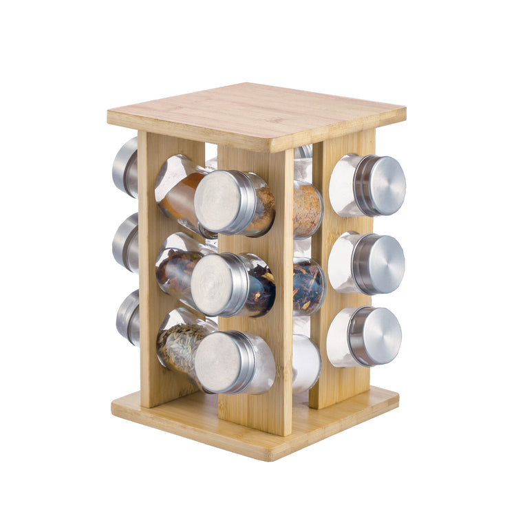 JS Gourmet - Ensemble de 12 Pots à Épices avec Support Rotatif en Bambou - Simple Boutique