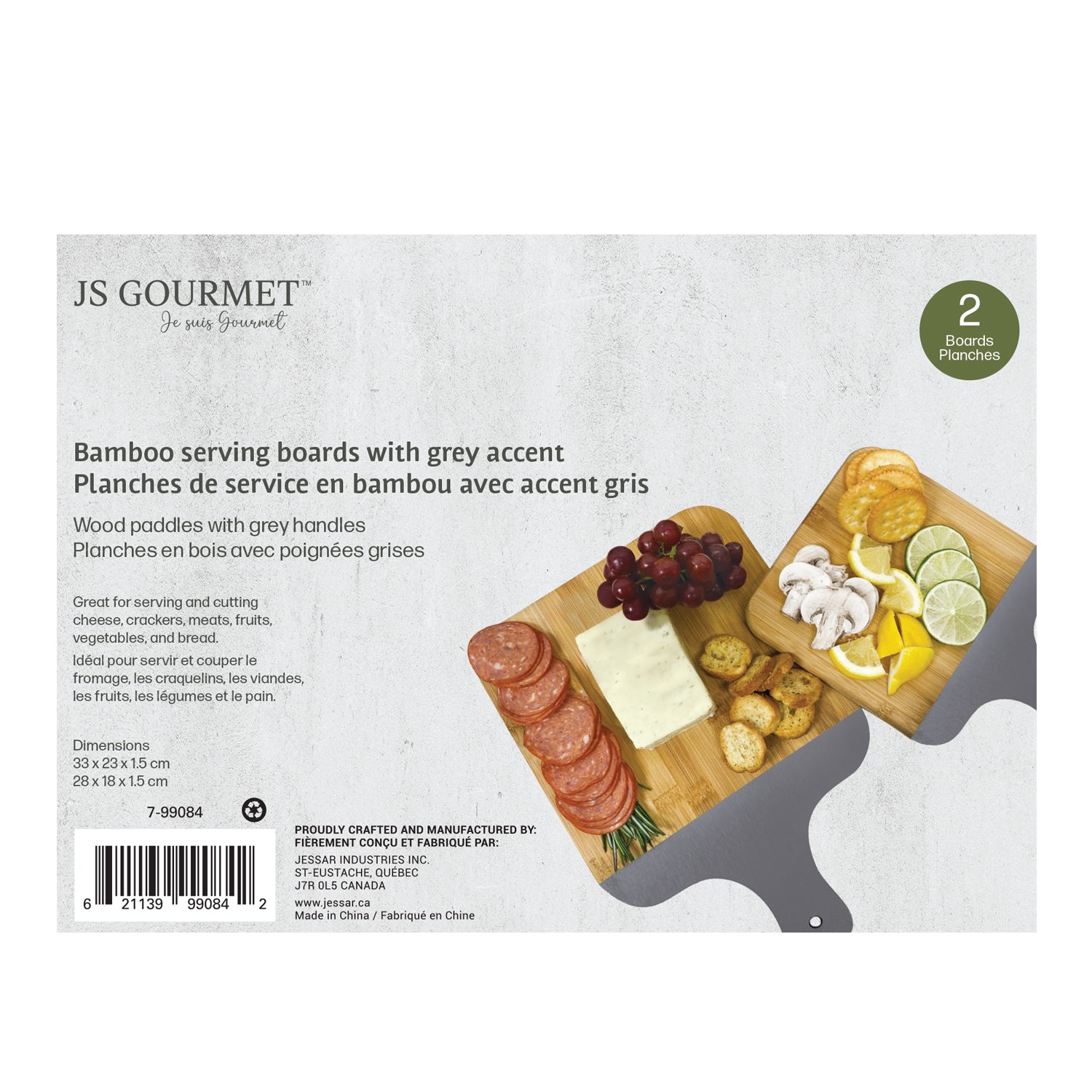 JS Gourmet - Ensemble de 2 Planches de Service et à Découper en Bambou avec Poignée Grise - Simple Boutique
