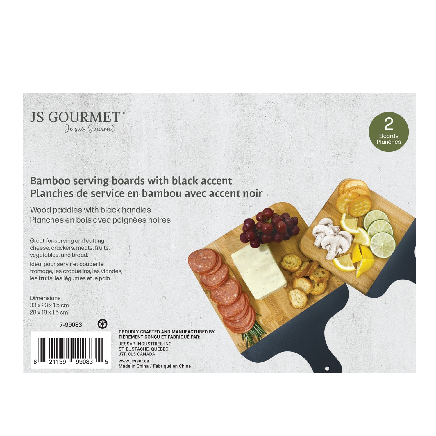 JS Gourmet - Ensemble de 2 Planches de Service et à Découper en Bambou avec Poignée Noire - Simple Boutique
