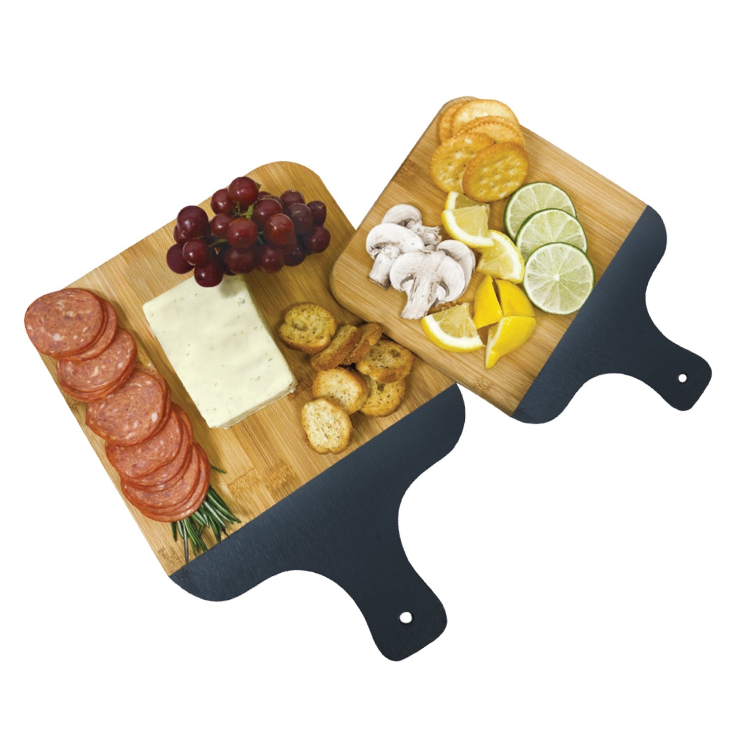 JS Gourmet - Ensemble de 2 Planches de Service et à Découper en Bambou avec Poignée Noire - Simple Boutique