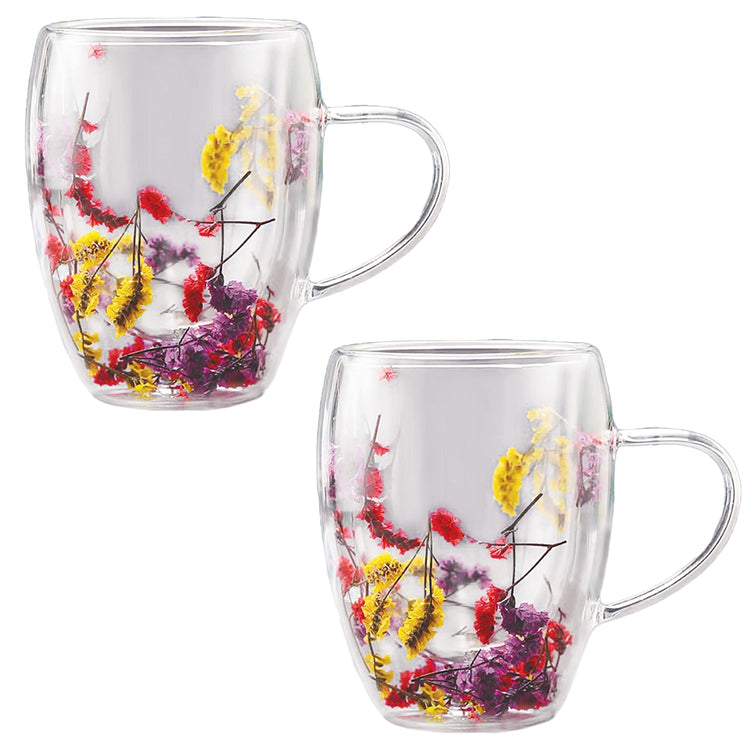 JS Gourmet - Ensemble de 2 Tasses en Verre à Double Paroi avec Fleur Séchées, Capacité de 350ml - Simple Boutique
