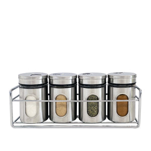 JS Gourmet - Ensemble de 4 Contenants à Épices avec Plateau de Rangement, Acier Inoxydable - Simple Boutique