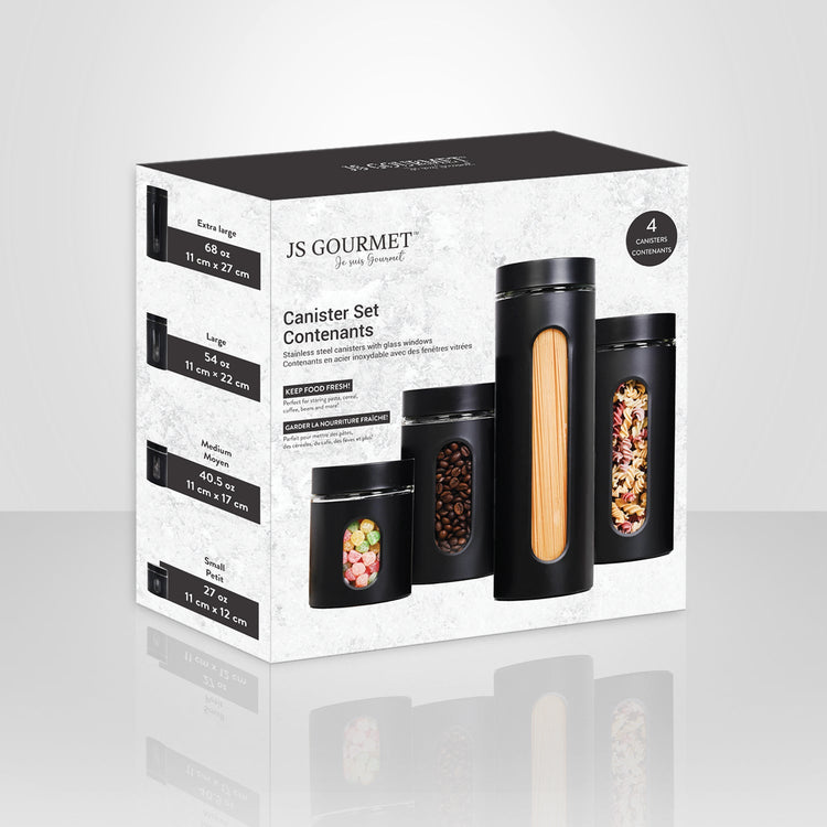 JS Gourmet - Ensemble de 4 Contenants de Rangements en Acier Inoxydable, Noir - Simple Boutique