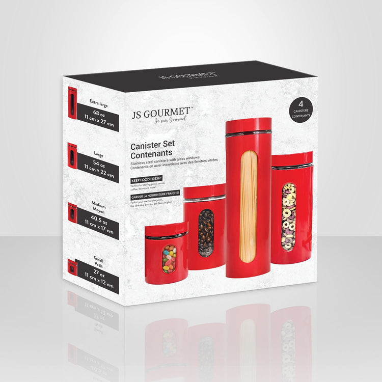 JS Gourmet - Ensemble de 4 Contenants de Rangements en Acier Inoxydable, Rouge - Simple Boutique