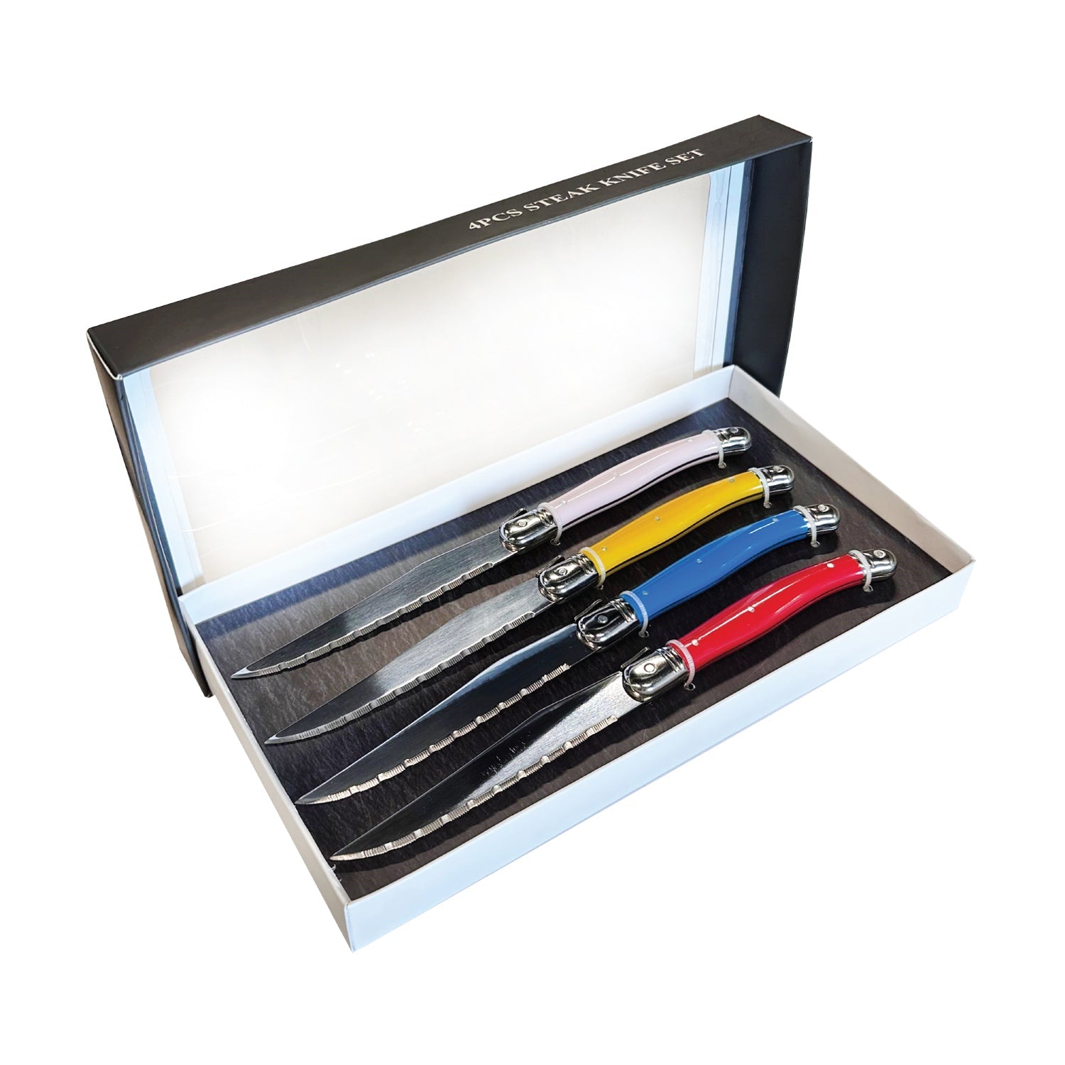 JS Gourmet - Ensemble de 4 Couteaux à Steak Laguiole, Lame en Acier Inoxydable, Manches Multicolores - Simple Boutique