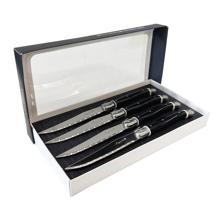 JS Gourmet - Ensemble de 4 Couteaux à Steak Laguiole, Lame en Acier Inoxydable, Manches Noirs - Simple Boutique