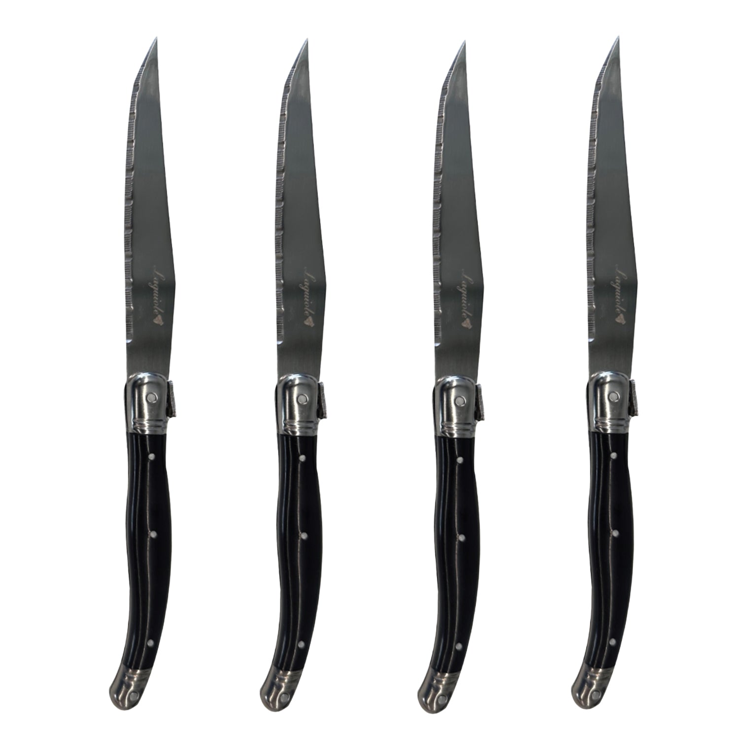 JS Gourmet - Ensemble de 4 Couteaux à Steak Laguiole, Lame en Acier Inoxydable, Manches Noirs - Simple Boutique