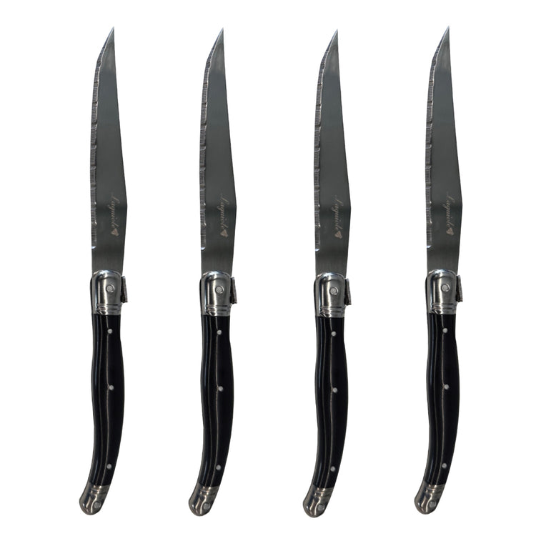 JS Gourmet - Ensemble de 4 Couteaux à Steak Laguiole, Lame en Acier Inoxydable, Manches Noirs - Simple Boutique