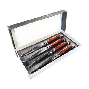 JS Gourmet - Ensemble de 4 Couteaux à Steak Laguiole, Lame en Acier Inoxydable, Manches en Bois - Simple Boutique