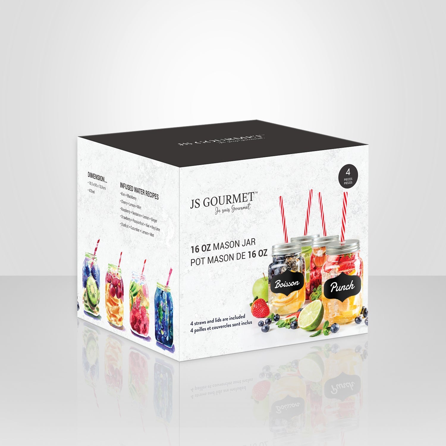 JS Gourmet - Ensemble de 4 Verres en Forme de Pot Mason, Couvercle et Paille Inclus - Simple Boutique