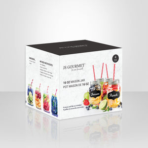 JS Gourmet - Ensemble de 4 Verres en Forme de Pot Mason, Couvercle et Paille Inclus - Simple Boutique