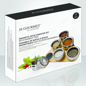 JS Gourmet - Ensemble de 6 Contenants à Épices Magnétiques avec Plateau de Rangement en Bambou - Simple Boutique