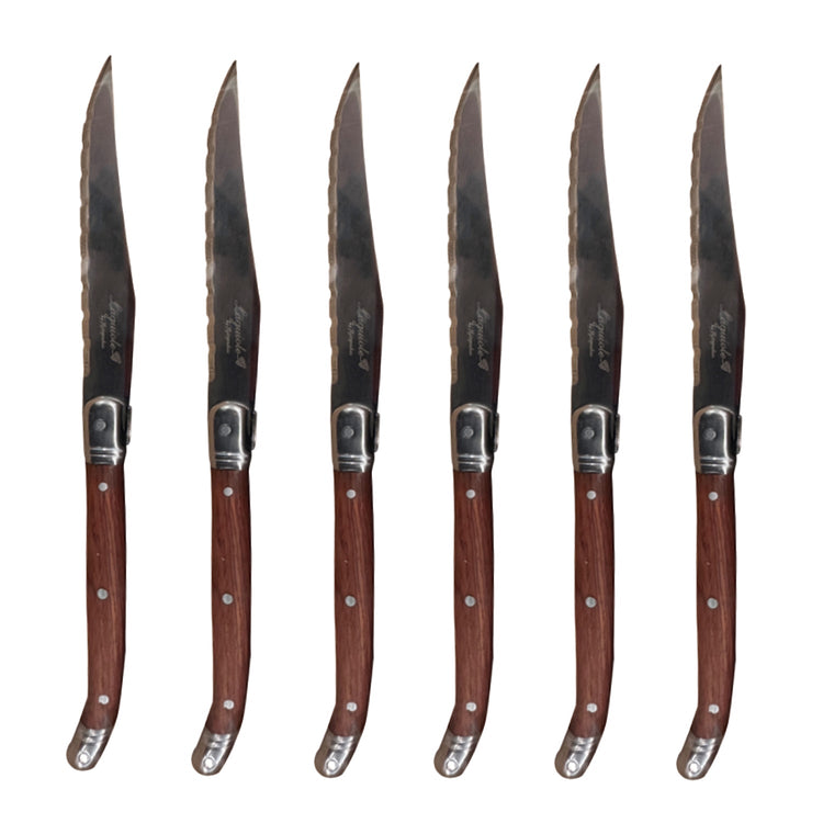 JS Gourmet - Ensemble de 6 Couteaux à Steak Laguiole, Lame en Acier Inoxydable, Manches en Bois - Simple Boutique