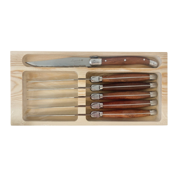 JS Gourmet - Ensemble de 6 Couteaux à Steak Laguiole, Lame en Acier Inoxydable, Manches en Bois - Simple Boutique