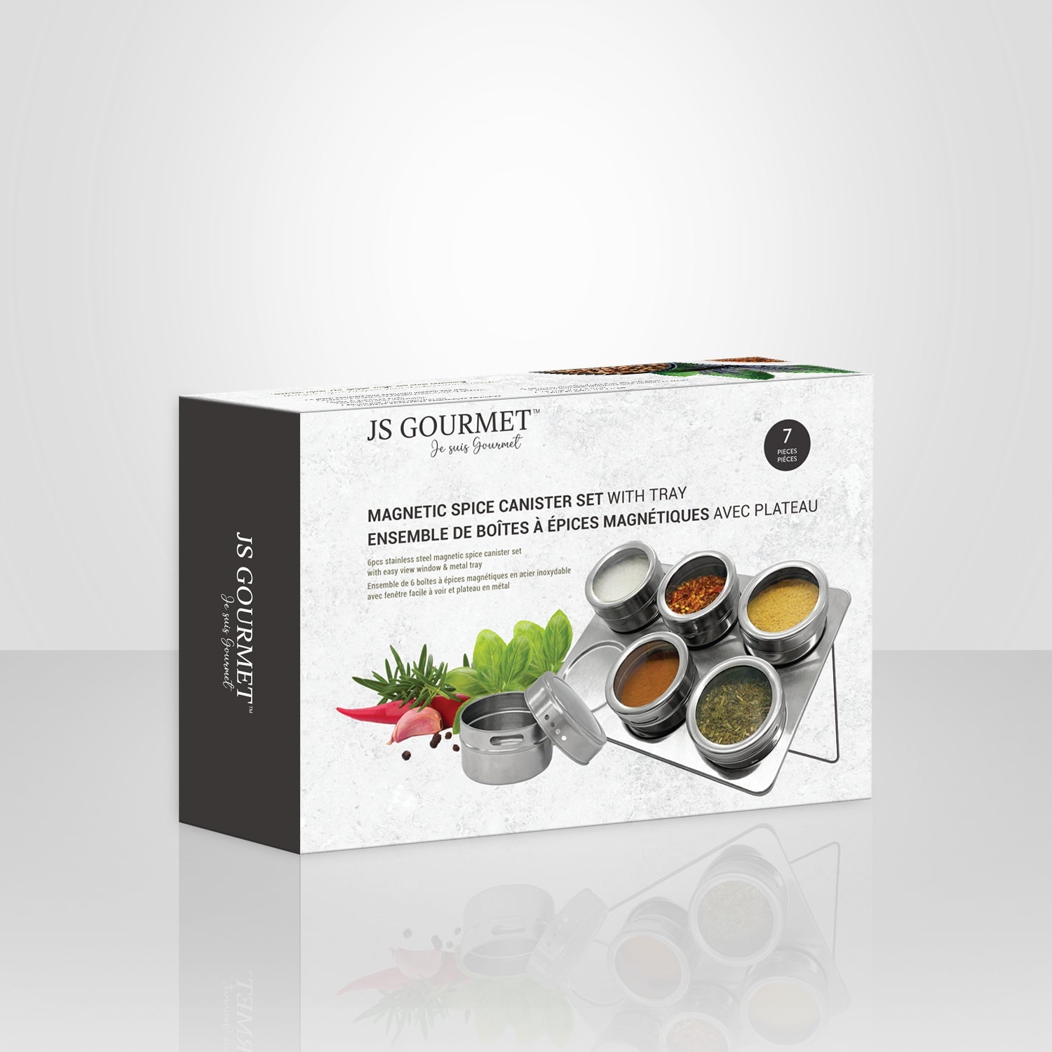 JS Gourmet - Ensemble de 6 Pots à Épices Magnétiques avec Plateau de Rangement, Acier Inoxydable - Simple Boutique
