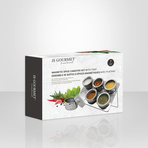 JS Gourmet - Ensemble de 6 Pots à Épices Magnétiques avec Plateau de Rangement, Acier Inoxydable - Simple Boutique