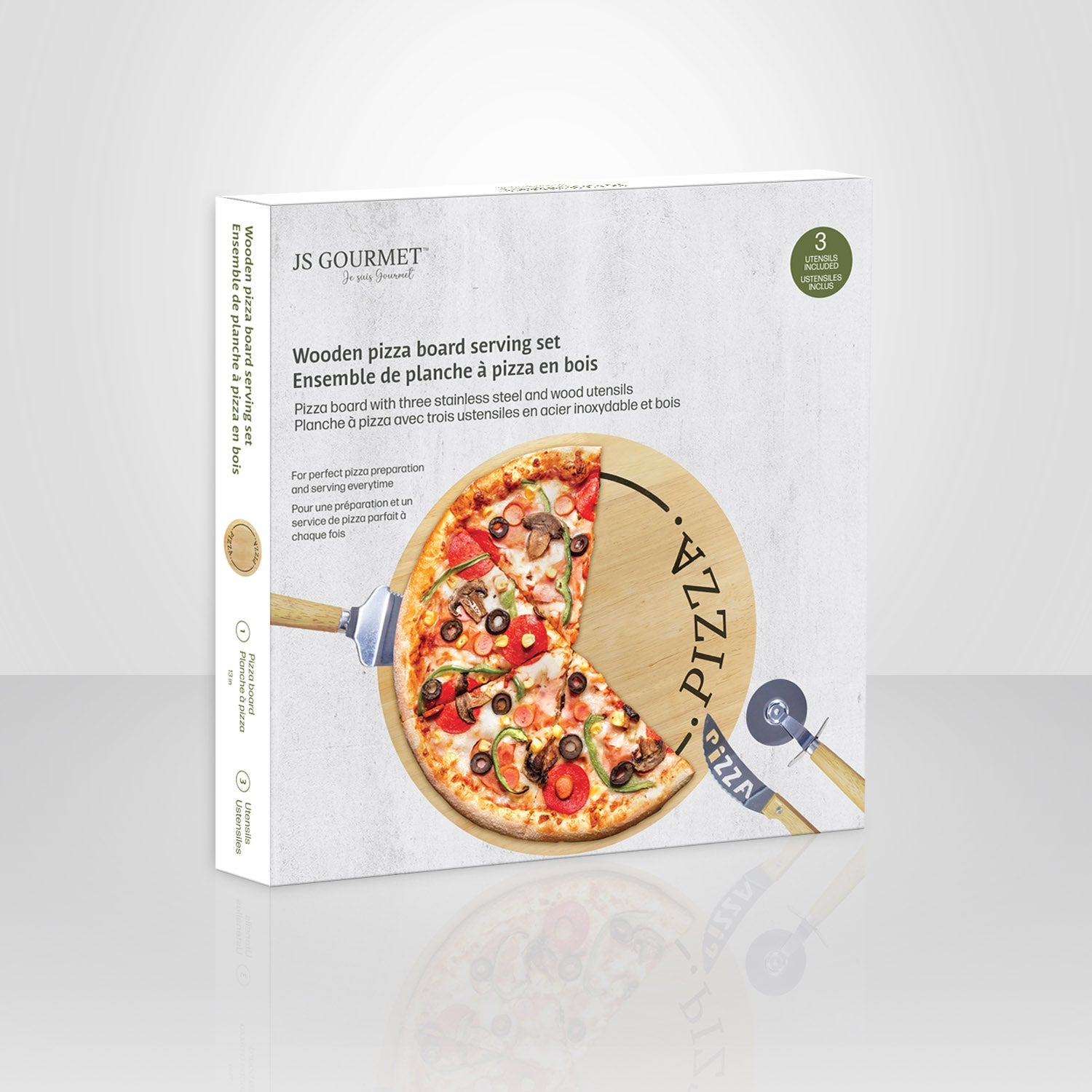 JS Gourmet - Ensemble de Planche à Pizza de 13" avec 3 Ustensils en Acier Inoxydable - Simple Boutique