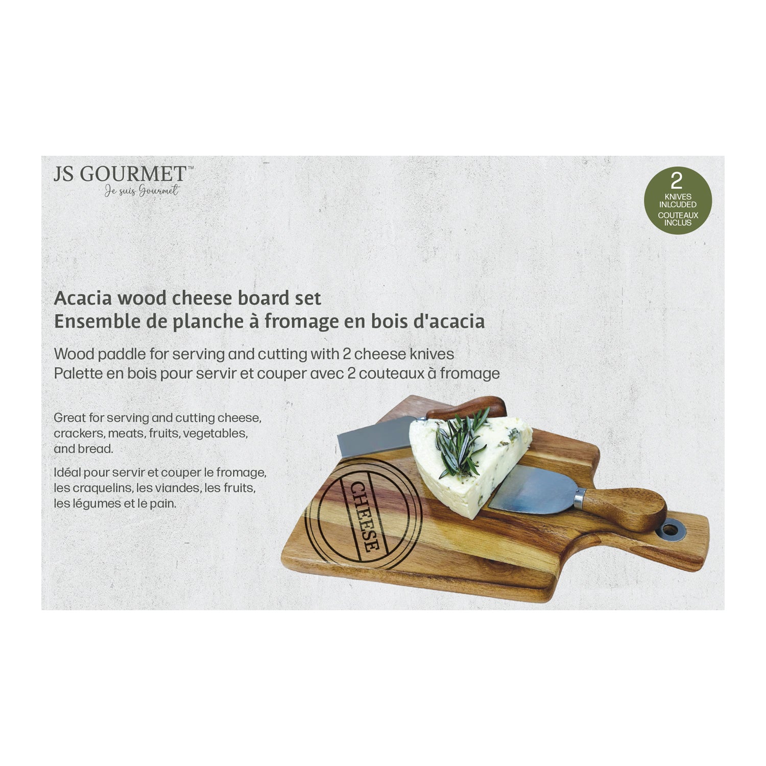JS Gourmet - Ensemble de Planche de Service en Bois D'acacia avec 2 Outils à Fromage - Simple Boutique