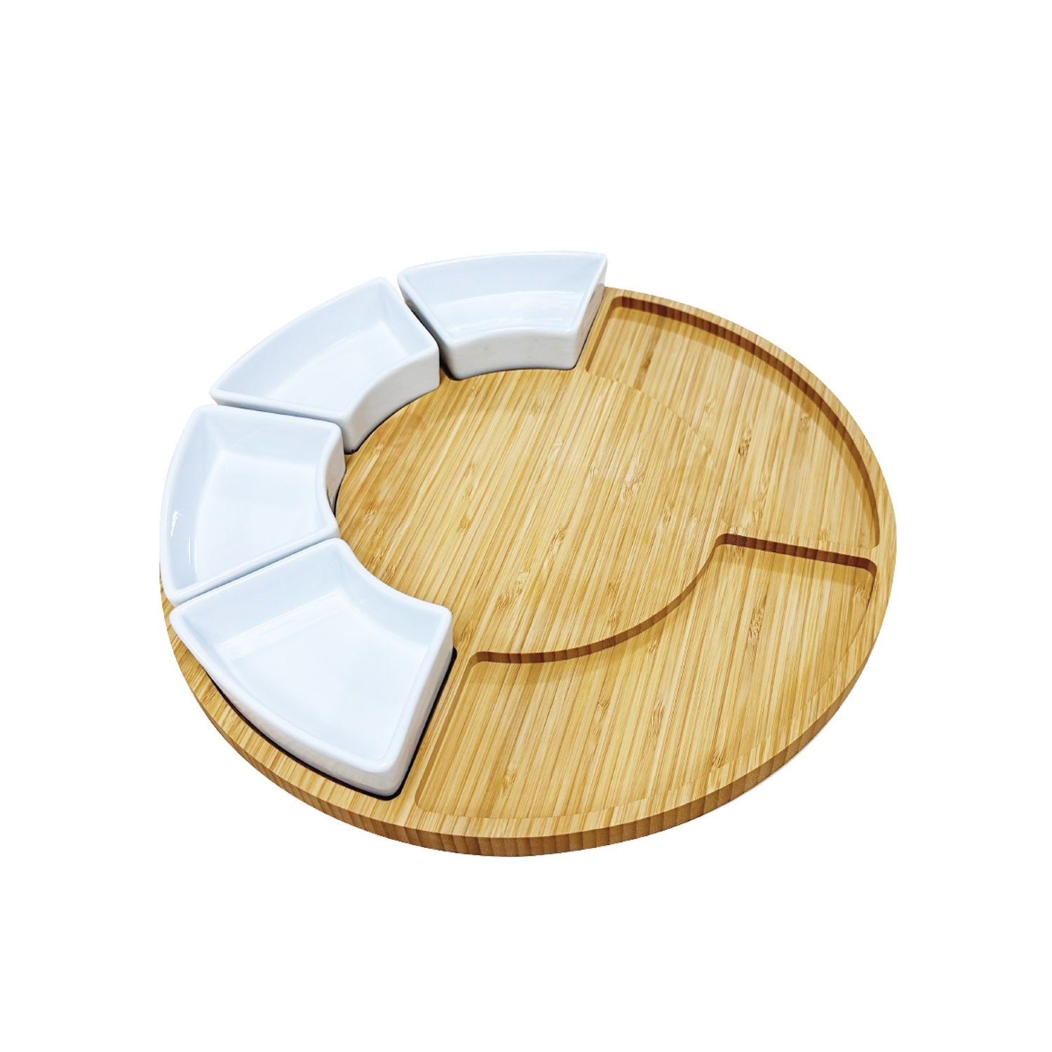 JS Gourmet - Ensemble de Plateau de Service en Bambou avec 4 Bols en Céramique - Simple Boutique
