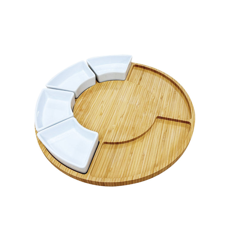 JS Gourmet - Ensemble de Plateau de Service en Bambou avec 4 Bols en Céramique - Simple Boutique