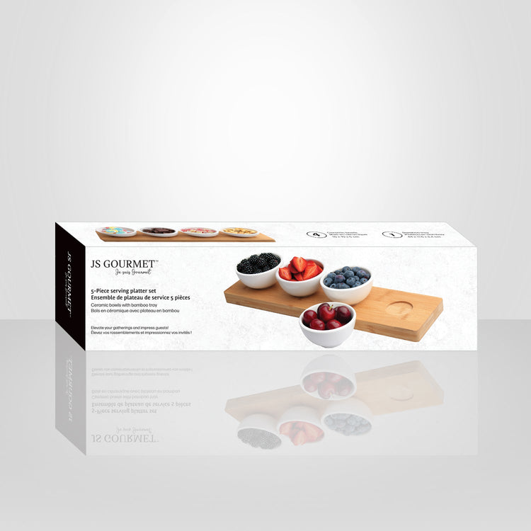 JS Gourmet - Ensemble de Plateau de Service en Bambou avec 4 Bols en Céramique - Simple Boutique