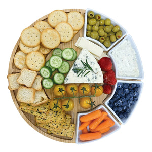 JS Gourmet - Ensemble de Plateau de Service en Bambou avec 4 Bols en Céramique - Simple Boutique