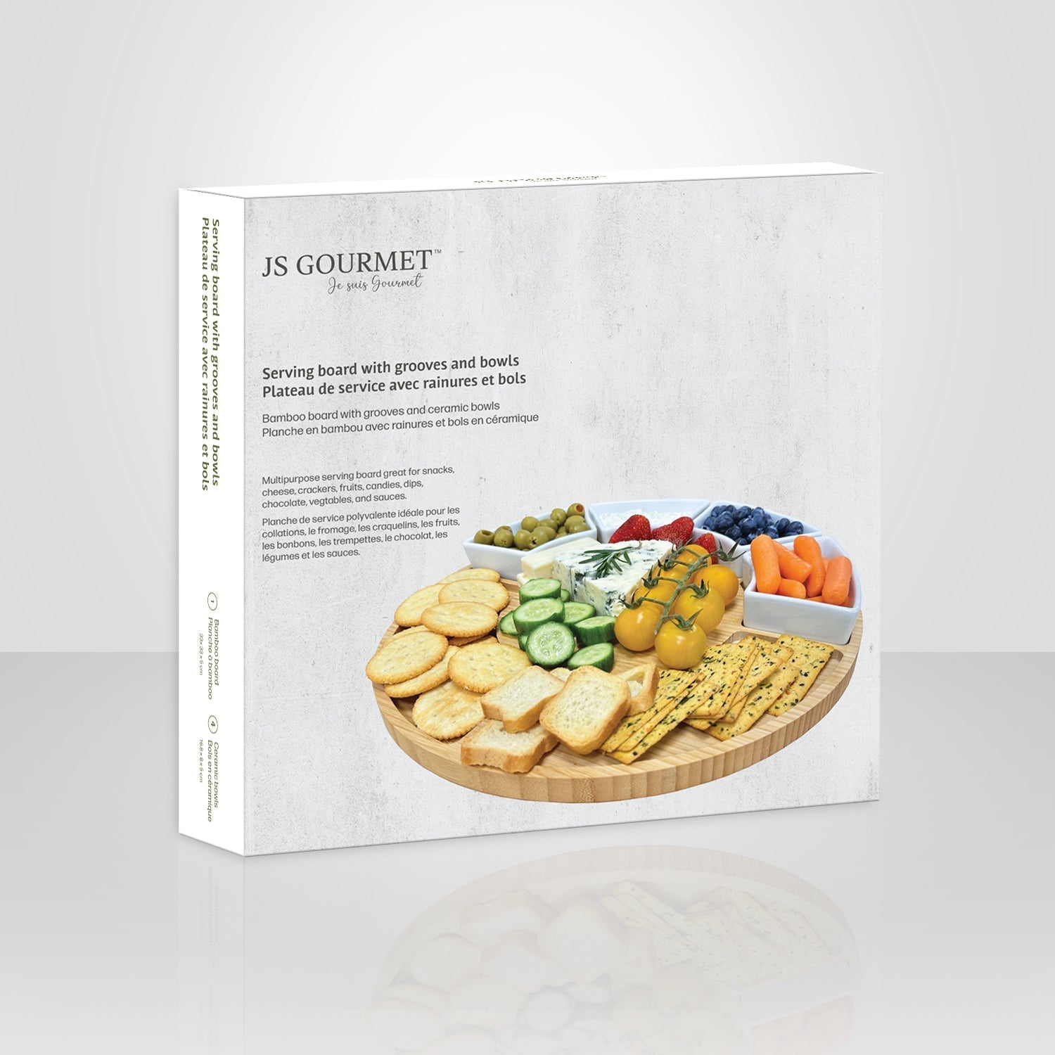 JS Gourmet - Ensemble de Plateau de Service en Bambou avec 4 Bols en Céramique - Simple Boutique