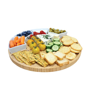 JS Gourmet - Ensemble de Plateau de Service en Bambou avec 4 Bols en Céramique - Simple Boutique