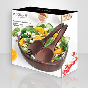 JS Gourmet - Ensemble de Saladier 3 Morceaux avec Ustensiles, Fabriqué en Bois d'acacia - Simple Boutique