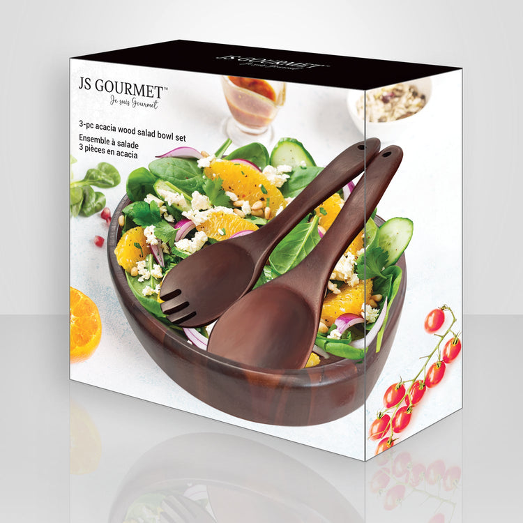 JS Gourmet - Ensemble de Saladier 3 Morceaux avec Ustensiles, Fabriqué en Bois d'acacia - Simple Boutique