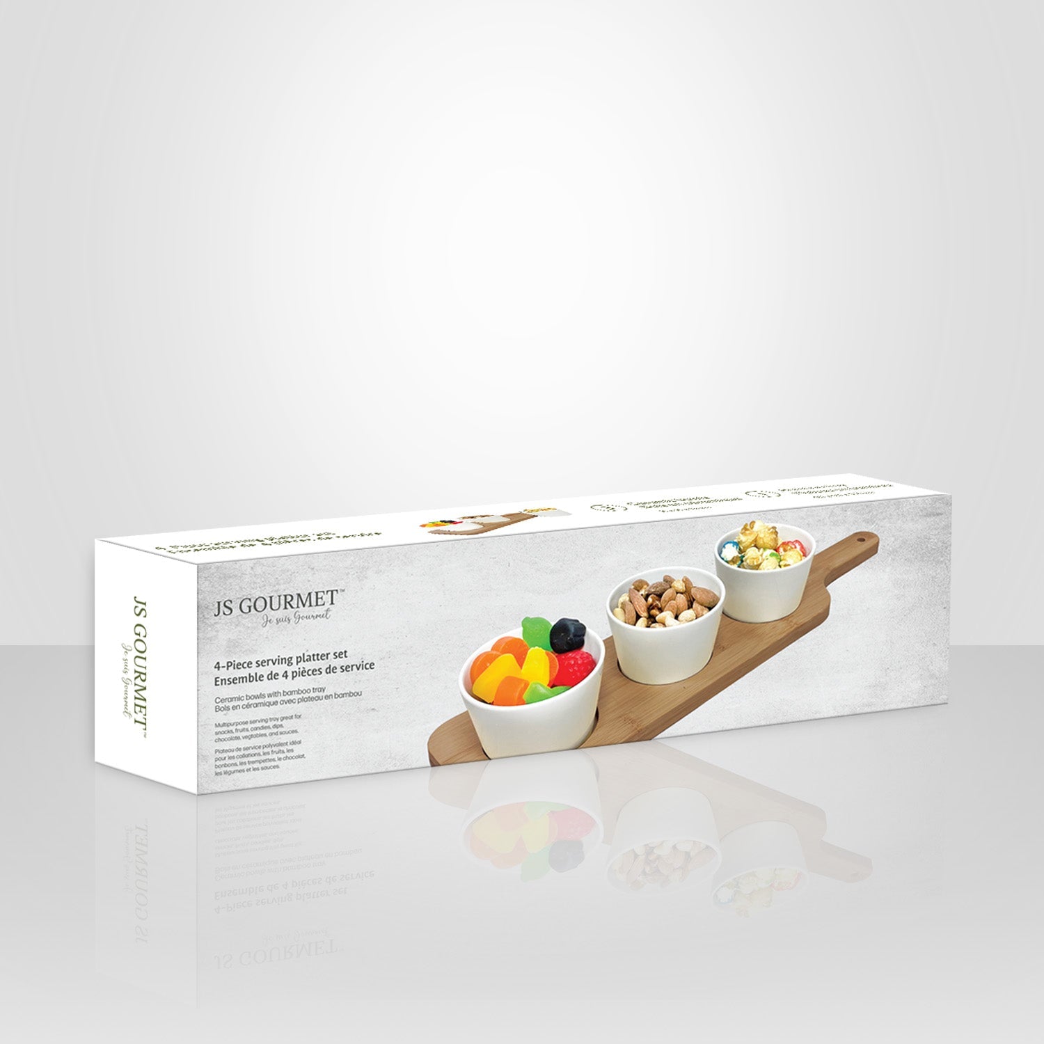 JS Gourmet - Ensemble de Service 4 Morceaux, Plateau en Bambou, Bols en Céramique - Simple Boutique