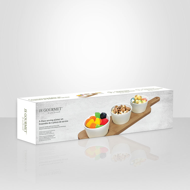 JS Gourmet - Ensemble de Service 4 Morceaux, Plateau en Bambou, Bols en Céramique - Simple Boutique
